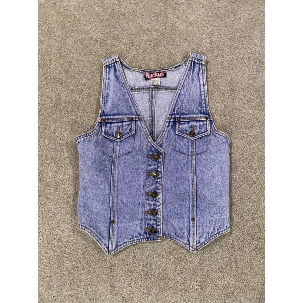 Vintage RUCKUS Women's Juniors Sz 5-6 Denim Jean Vest 80s Made In Hong Kong